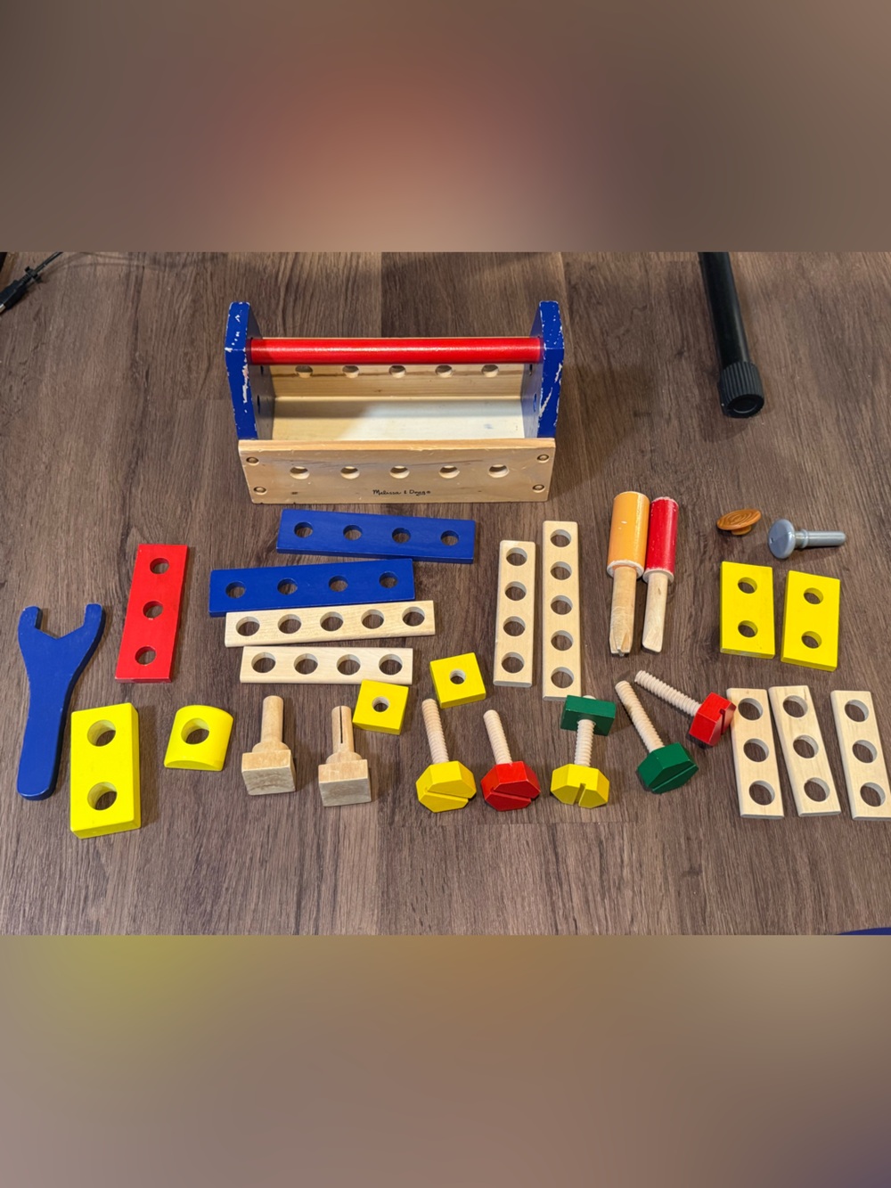Melissa and Doug Wooden Take-along tool kit box and various wooden tool pieces